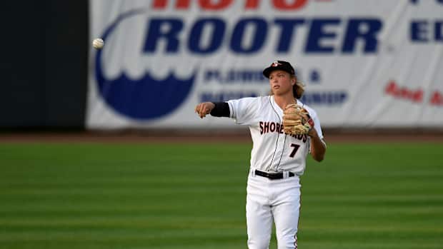 Shorebirds' Jackson Holliday (7) throws to second in the game against the Cannon Ballers Tuesday, April 11, 2023, at Perdue Stadium in Salisbury, Maryland. The Shorebirds defeated the Cannon Ballers 7-2. Bbm Delmarva Shorebirds Kannapolis Cannon Ballers